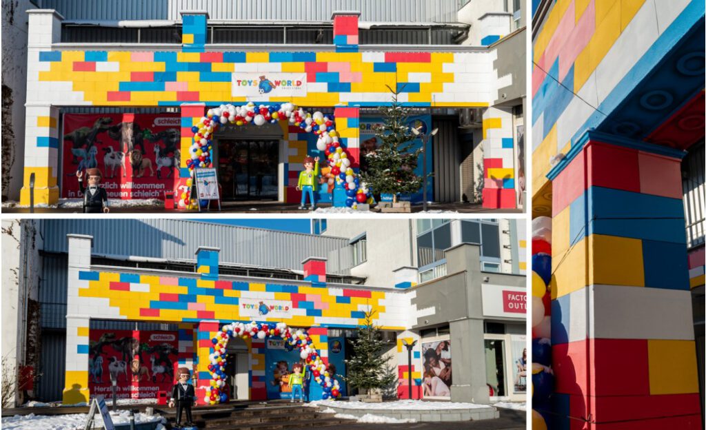 Fassadengestaltung Spielzeugladen mit Klemmbausteinen